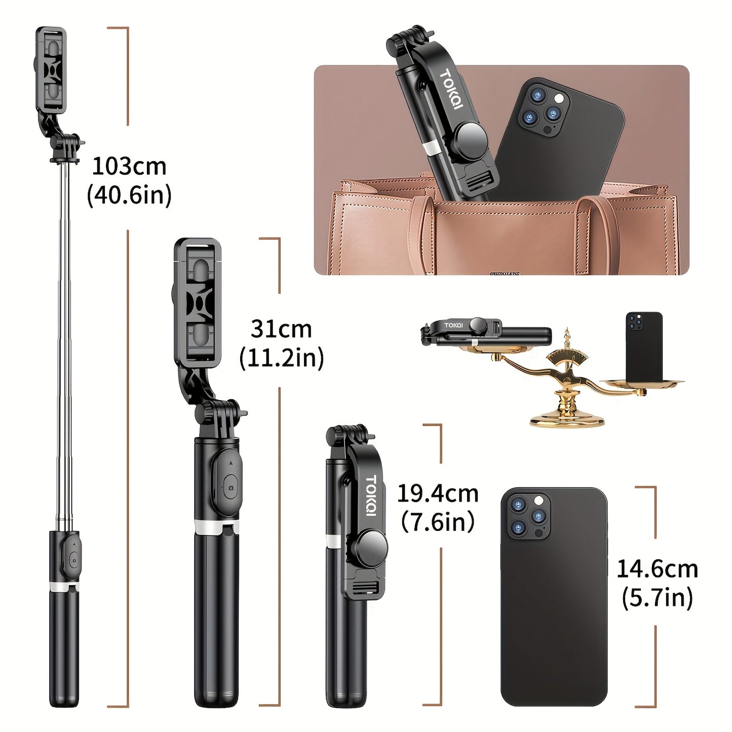 101.6cm Phone Selfie Stick Tripod, Extendable Selfie Stick All-in-One Smartphone Tripod Stand with Wireless Remote 360° Rotation