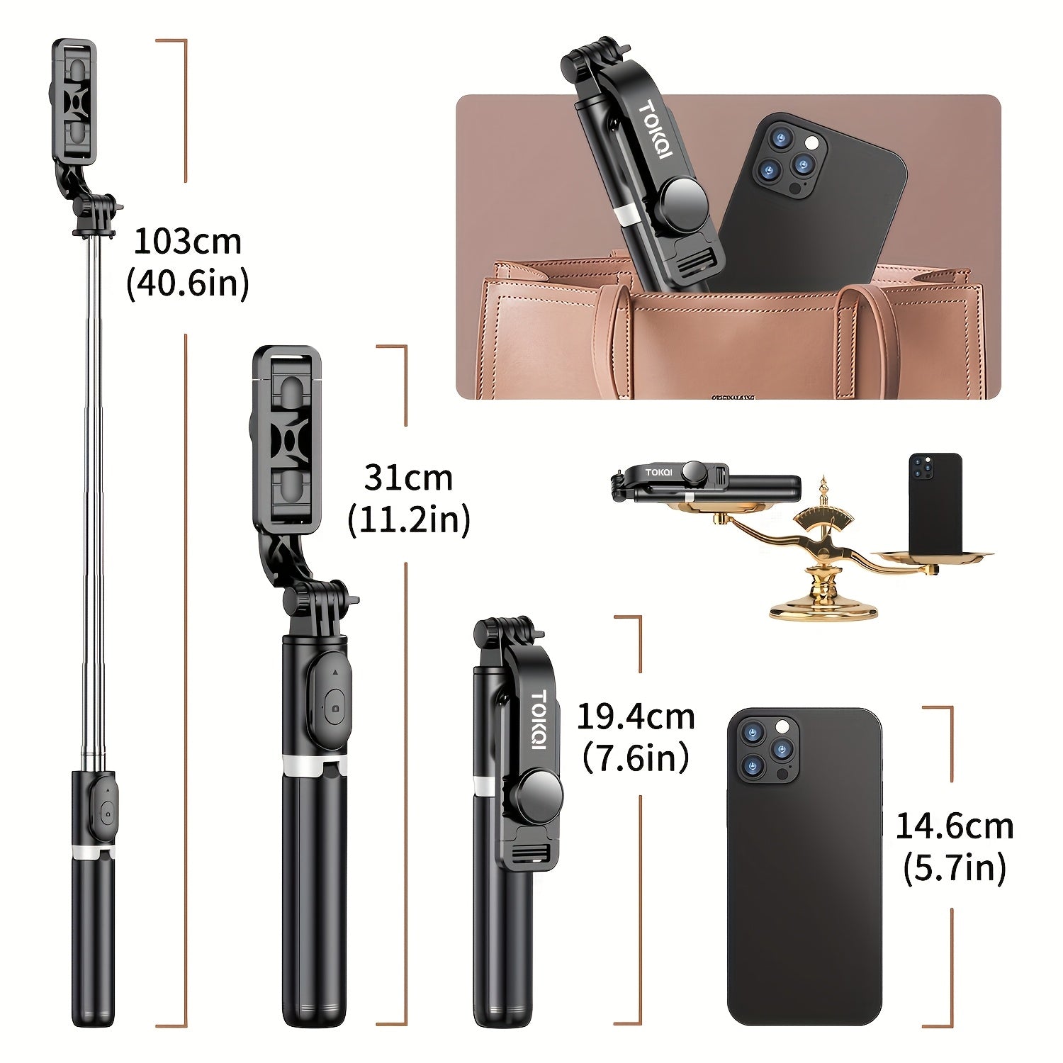 101.6cm Phone Selfie Stick Tripod, Extendable Selfie Stick All-in-One Smartphone Tripod Stand with Wireless Remote 360° Rotation