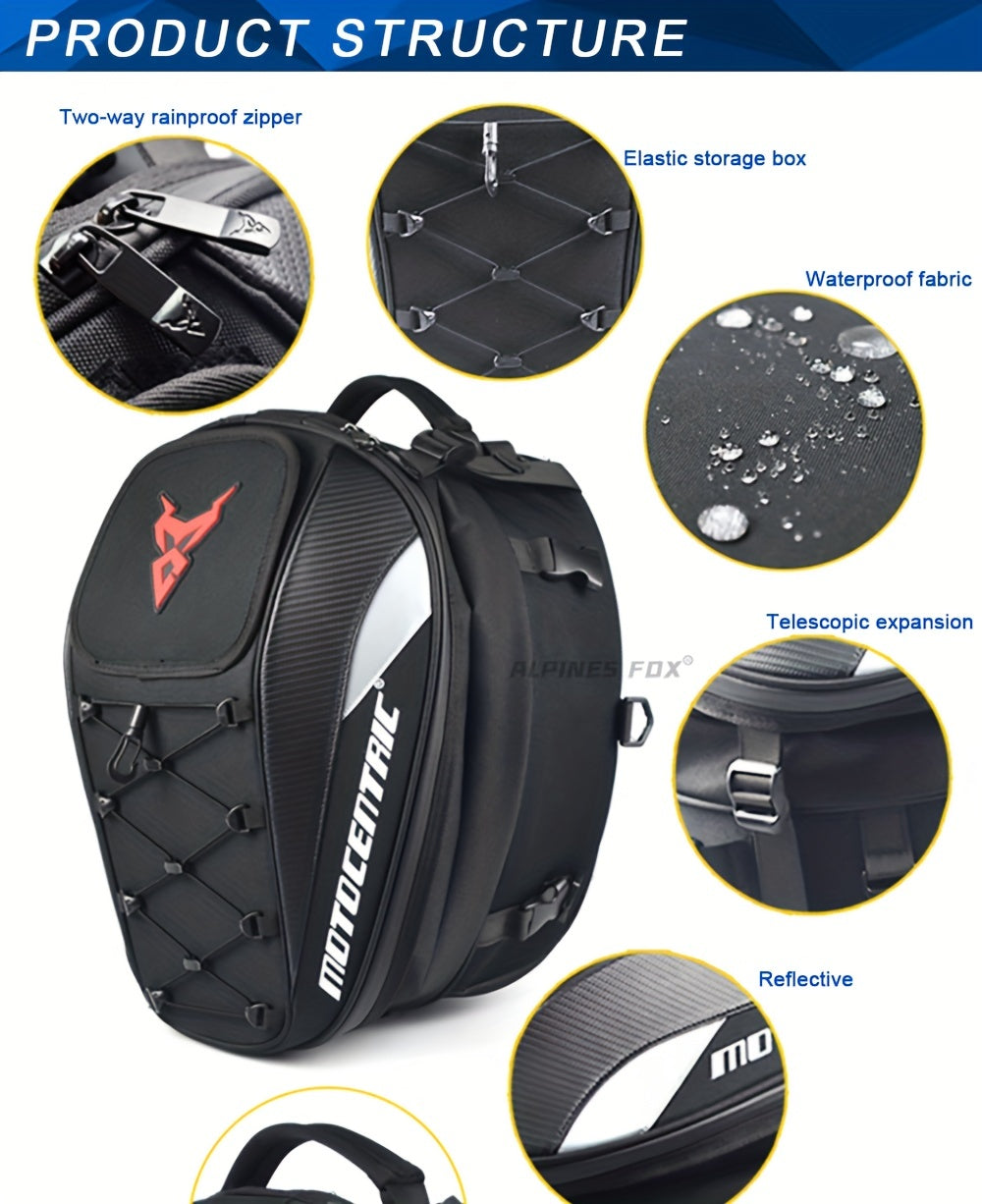 MOTOCENTRIC Waterproof Motorcycle Tail Bag Multi-functional Durable Rear Seat Bag 37L High Capacity Rider Helmet Backpack