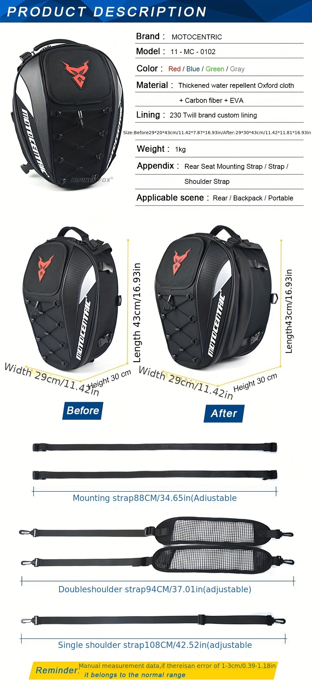 MOTOCENTRIC Waterproof Motorcycle Tail Bag Multi-functional Durable Rear Seat Bag 37L High Capacity Rider Helmet Backpack