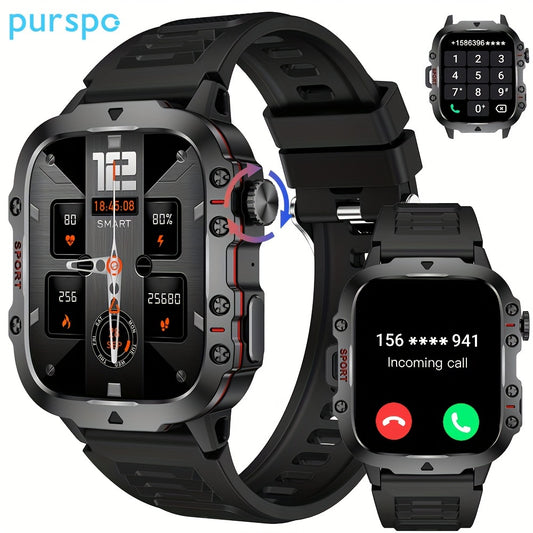 Purspo Outdoor Smartwatch (Answer/Make Calls), 4.98cm Smart Watch For IPhone And Android Phones, Waterproof Sport Watch With Lock-Screen/100+Sport Modes/Long Battery Life/Weather Forecast/Alarm Clock/ Good Gifts For Sportsmen