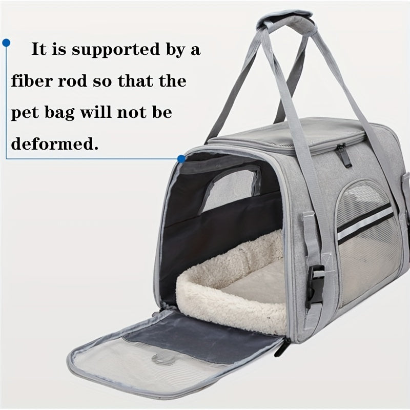 Portable Cat Carrier with Plush Mat - Large Capacity Breathable Travel Bag for Pet Outings, Zipper Closure, Ventilated Mesh & Soft Lining, Secure Straps for Car & Outdoor Use, Cat Travel Carrier, Secure Latching System