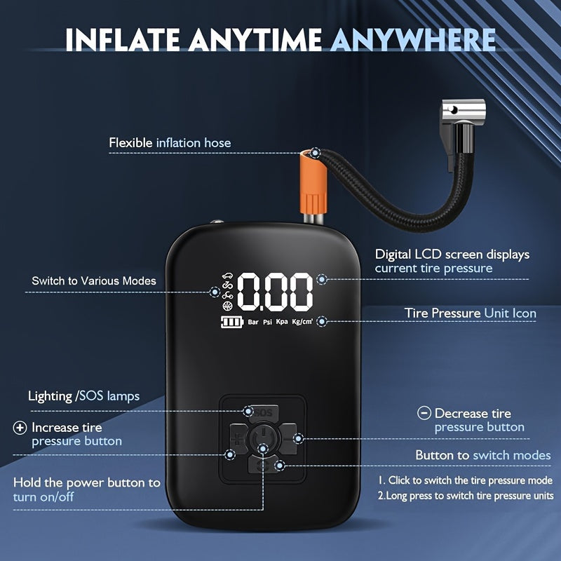 1pc Digital Display Portable Air Compressor Pump with LED Light, USB Charging, Rechargeable Lithium Battery, for Tire Inflation, Car/Bike/Motorcycle/Ball, Quieter & Longer Lasting, Intelligent Temperature Control