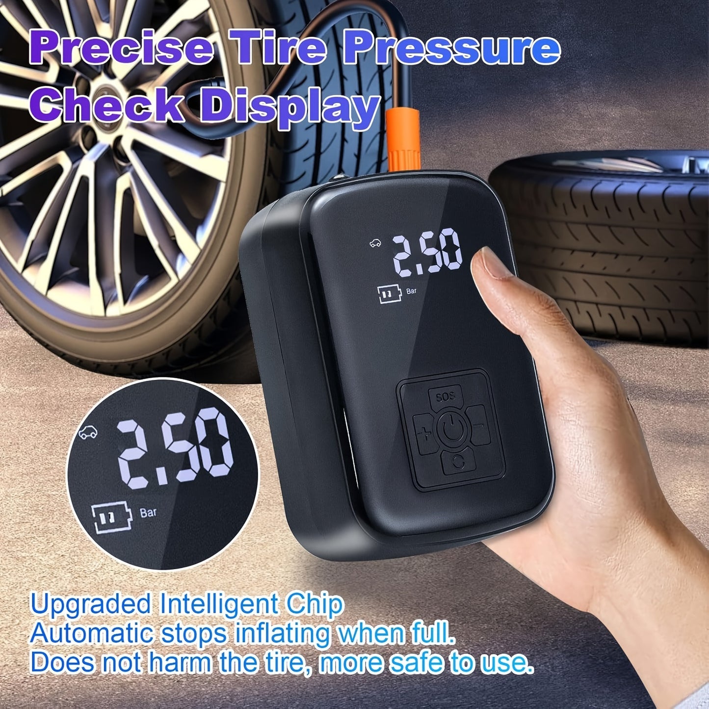 1pc Digital Display Portable Air Compressor Pump with LED Light, USB Charging, Rechargeable Lithium Battery, for Tire Inflation, Car/Bike/Motorcycle/Ball, Quieter & Longer Lasting, Intelligent Temperature Control