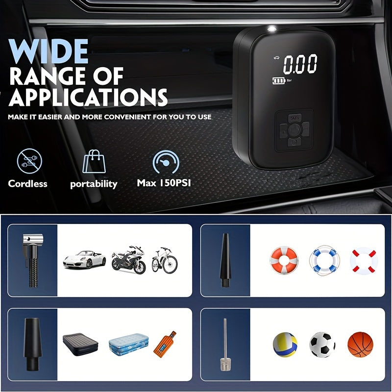 1pc Digital Display Portable Air Compressor Pump with LED Light, USB Charging, Rechargeable Lithium Battery, for Tire Inflation, Car/Bike/Motorcycle/Ball, Quieter & Longer Lasting, Intelligent Temperature Control