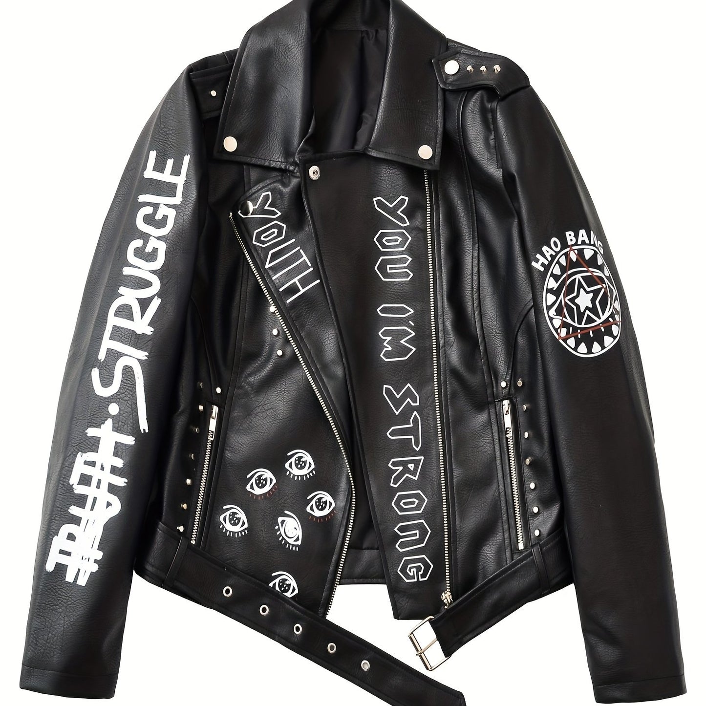 Women'S Black Faux Leather Jacket with "" & "STRUGGLE" Print, Motorcycle-Inspired Streetwear, Zipper Front, Shoulder Pads, and Decorative Studded Details - Spring/Fall Casual Style, Motorcycle Jacket, Spring Outerwear, Edgy F