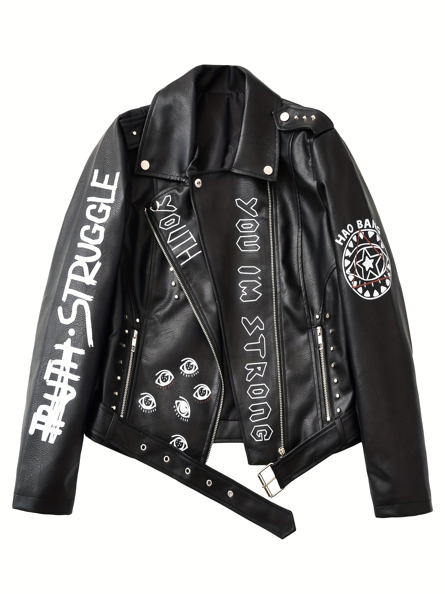 Women'S Black Faux Leather Jacket with "" & "STRUGGLE" Print, Motorcycle-Inspired Streetwear, Zipper Front, Shoulder Pads, and Decorative Studded Details - Spring/Fall Casual Style, Motorcycle Jacket, Spring Outerwear, Edgy F