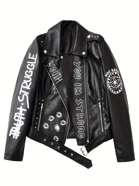 Women'S Black Faux Leather Jacket with "" & "STRUGGLE" Print, Motorcycle-Inspired Streetwear, Zipper Front, Shoulder Pads, and Decorative Studded Details - Spring/Fall Casual Style, Motorcycle Jacket, Spring Outerwear, Edgy F